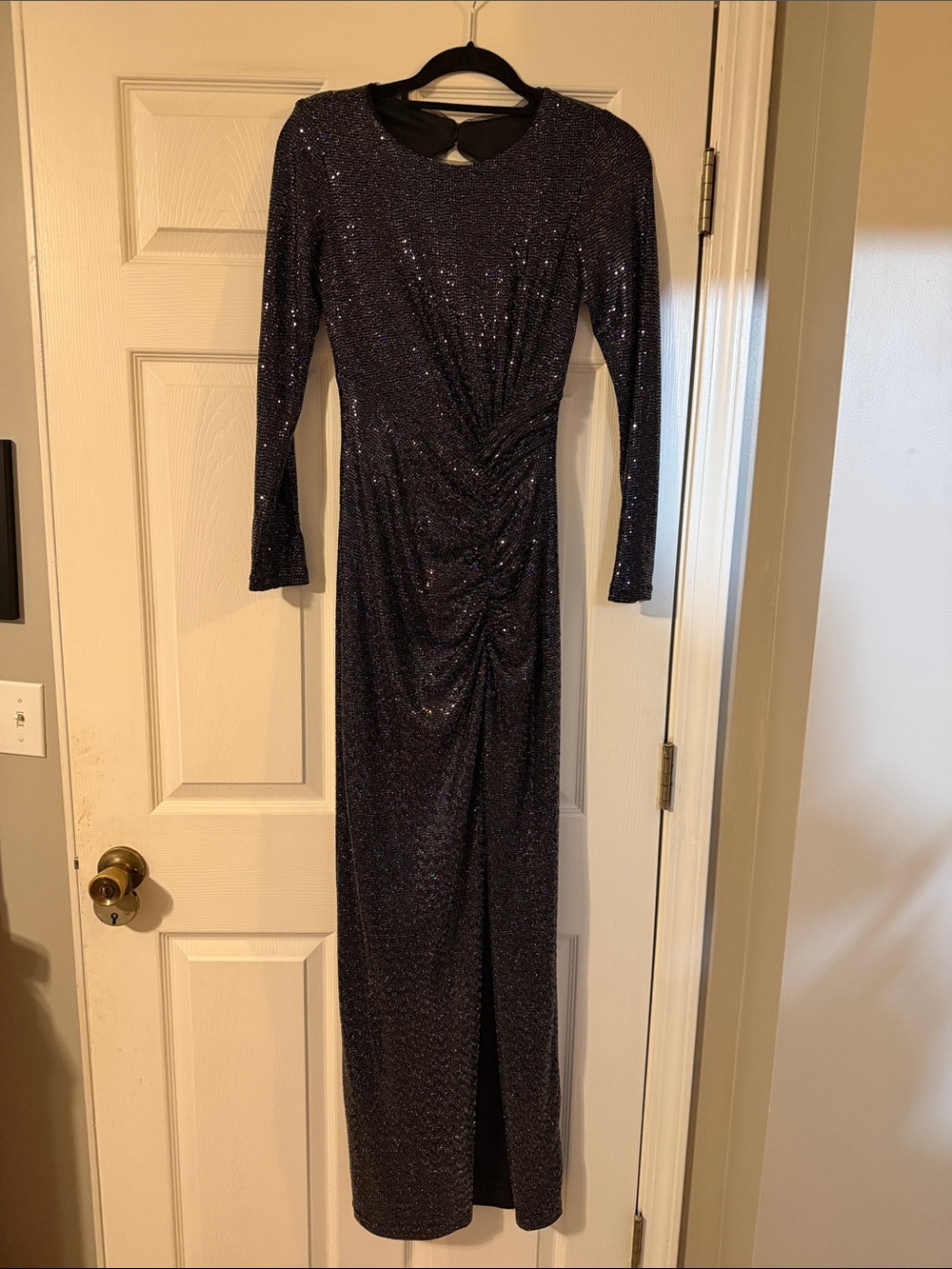 Xscape Navy Sparkle Long Sleeve Evening Gown